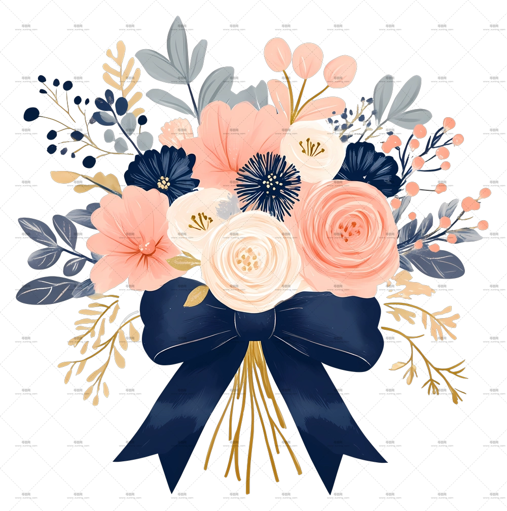 生日鲜花 – 带丝带美丽花束PNG免抠图预览图