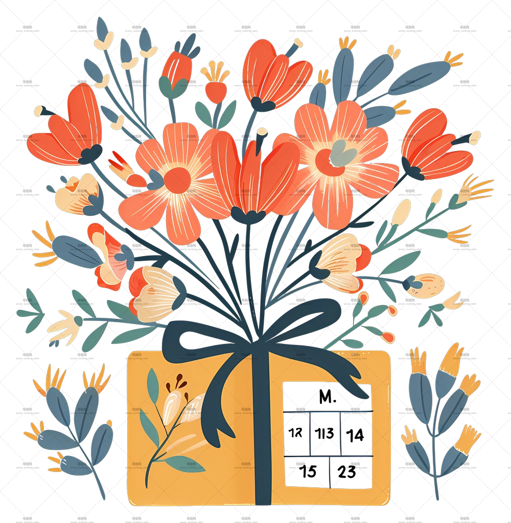 礼物 – 鲜花束与日历PNG免抠图预览图