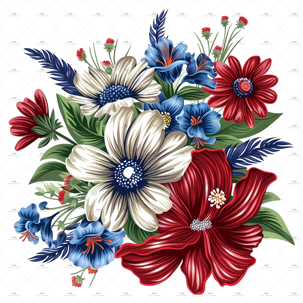 th Of July – 红蓝花朵的彩色花束PNG免抠图预览图