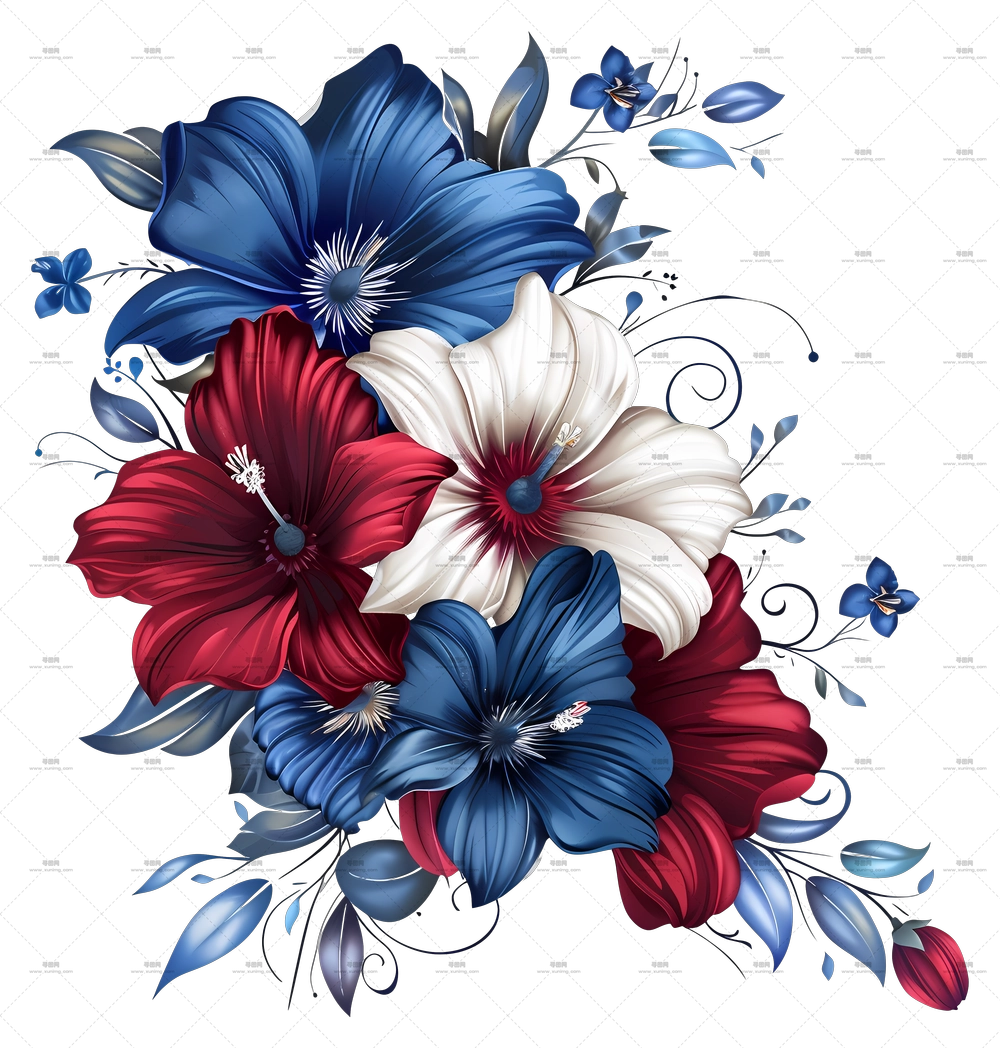 th Of July – 红白蓝花朵的鲜艳花束插画PNG免抠图预览图