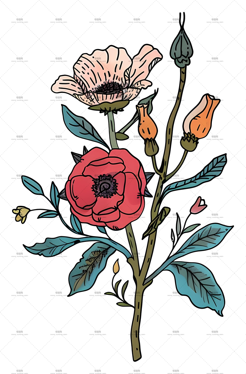 卡通花 – 红白花朵盛开的花束PNG免抠图预览图