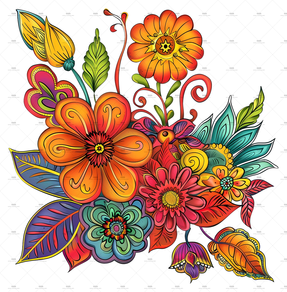 花卉手绘设计 – 明亮的花束插画PNG免抠图预览图