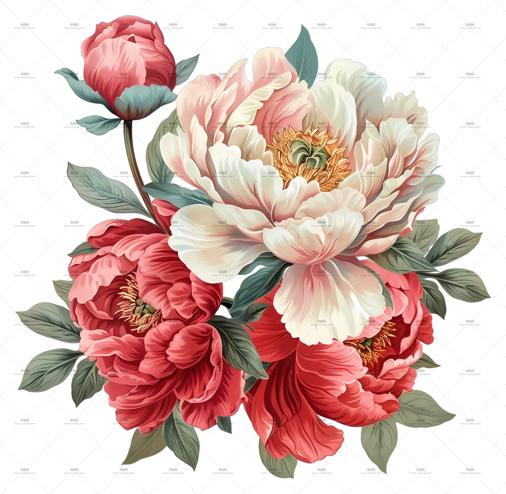 牡丹花 – 复古牡丹花束插画PNG免抠图预览图