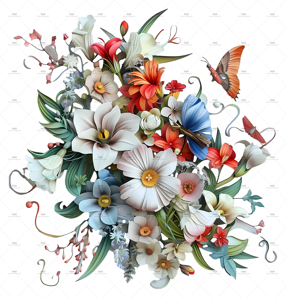 蝴蝶 – 带有蝴蝶的多彩花卉花束PNG免抠图预览图