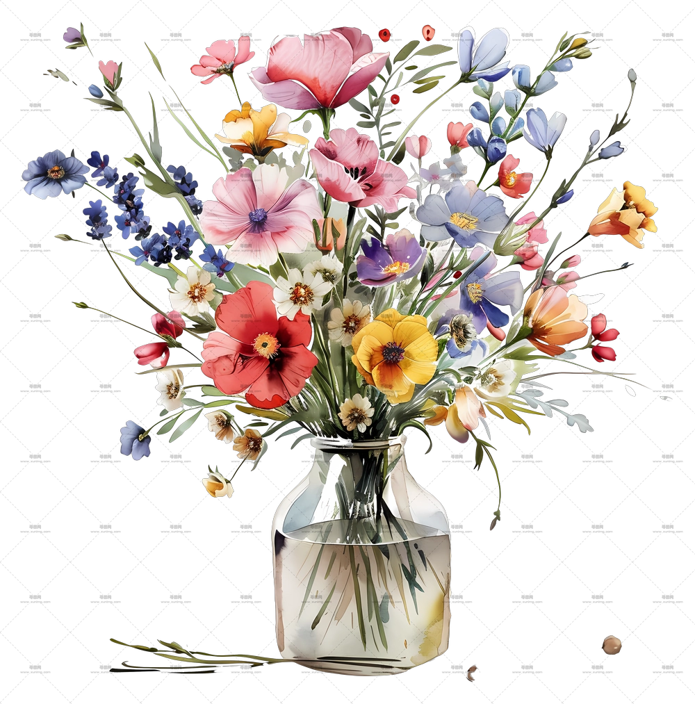 花朵 – 色彩缤纷的花束在花瓶中PNG免抠图预览图