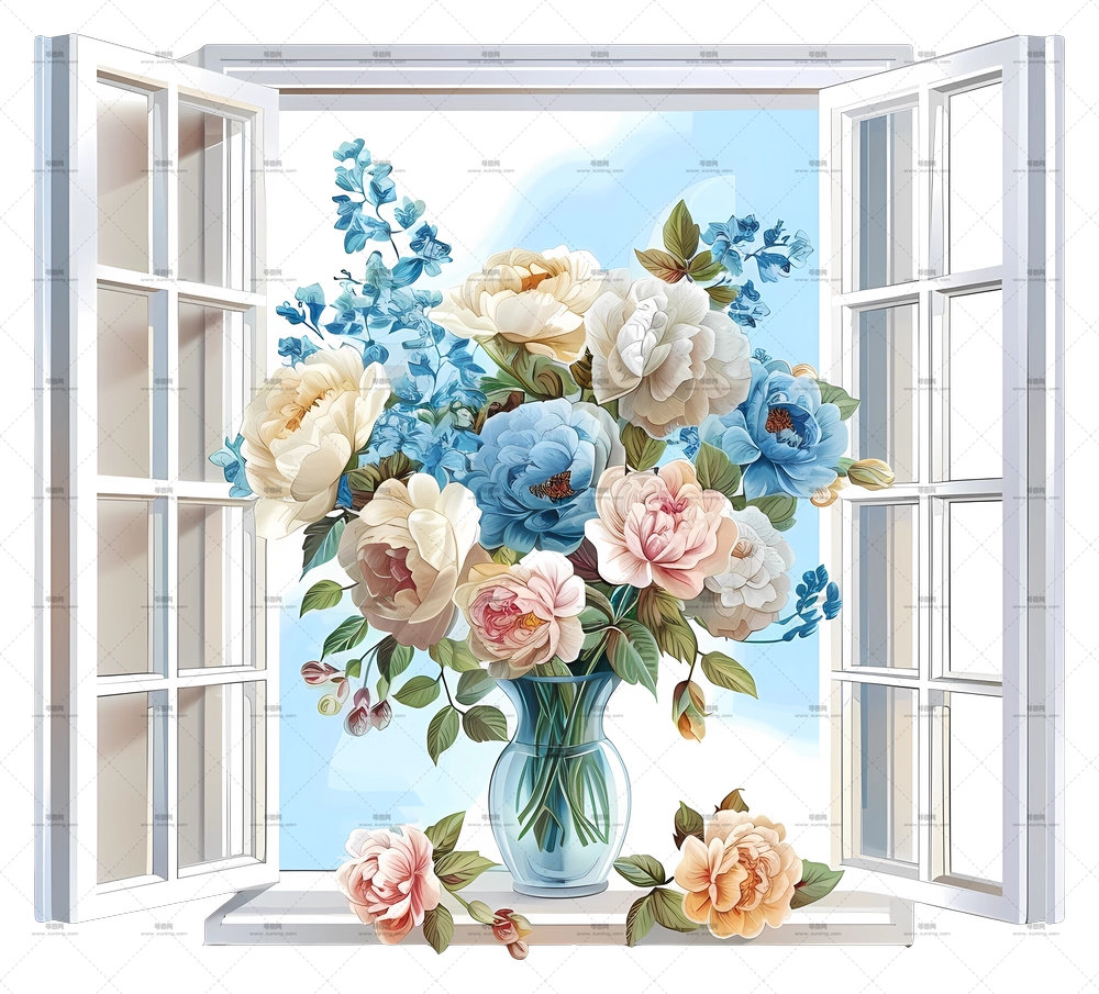 春窗花 – 窗边花瓶中的美丽花束PNG免抠图预览图