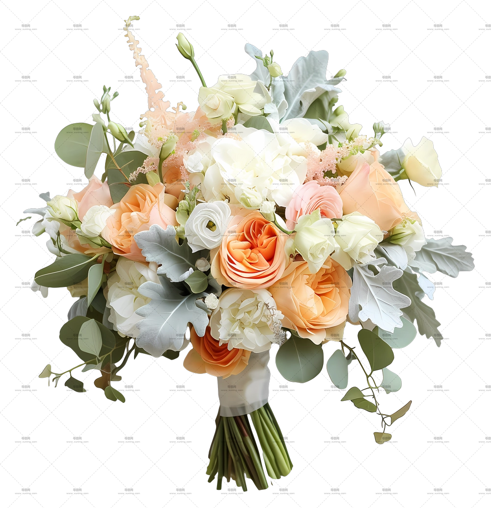 婚礼花束 – 精致桃花白花新娘花束PNG免抠图预览图