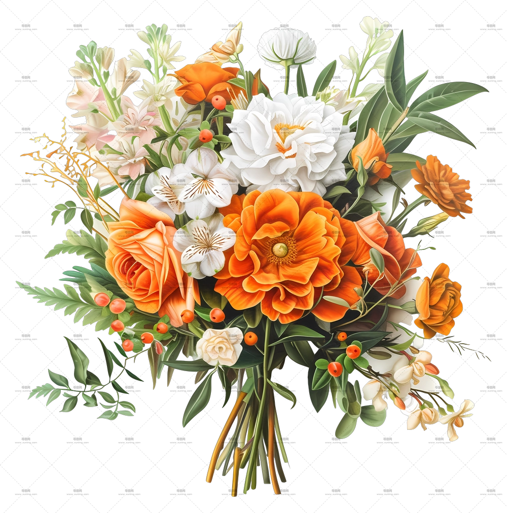 婚礼花束 – 美丽的橙白花束PNG免抠图预览图