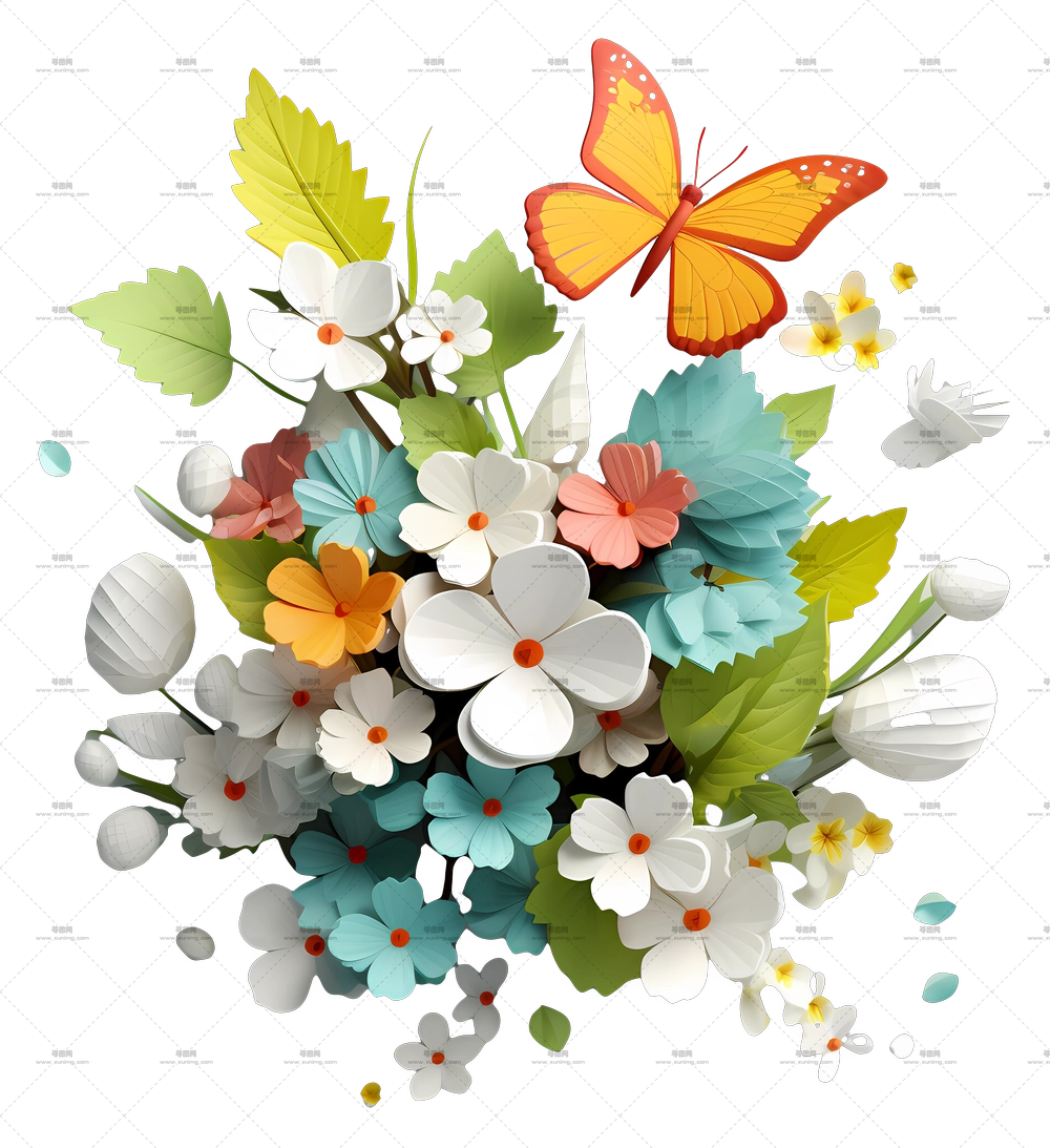 春日开启 – 带蝴蝶的多彩花束PNG免抠图预览图