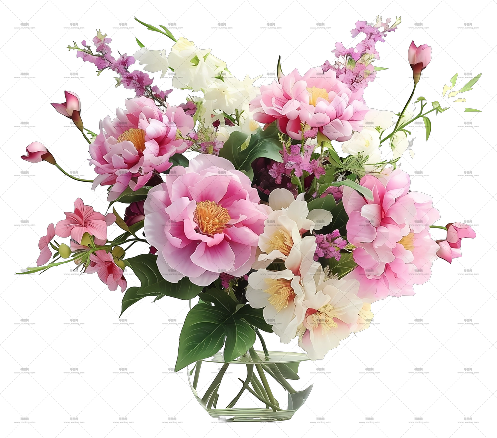 逼真优雅的花艺 – 美丽的花束在花瓶中PNG免抠图预览图