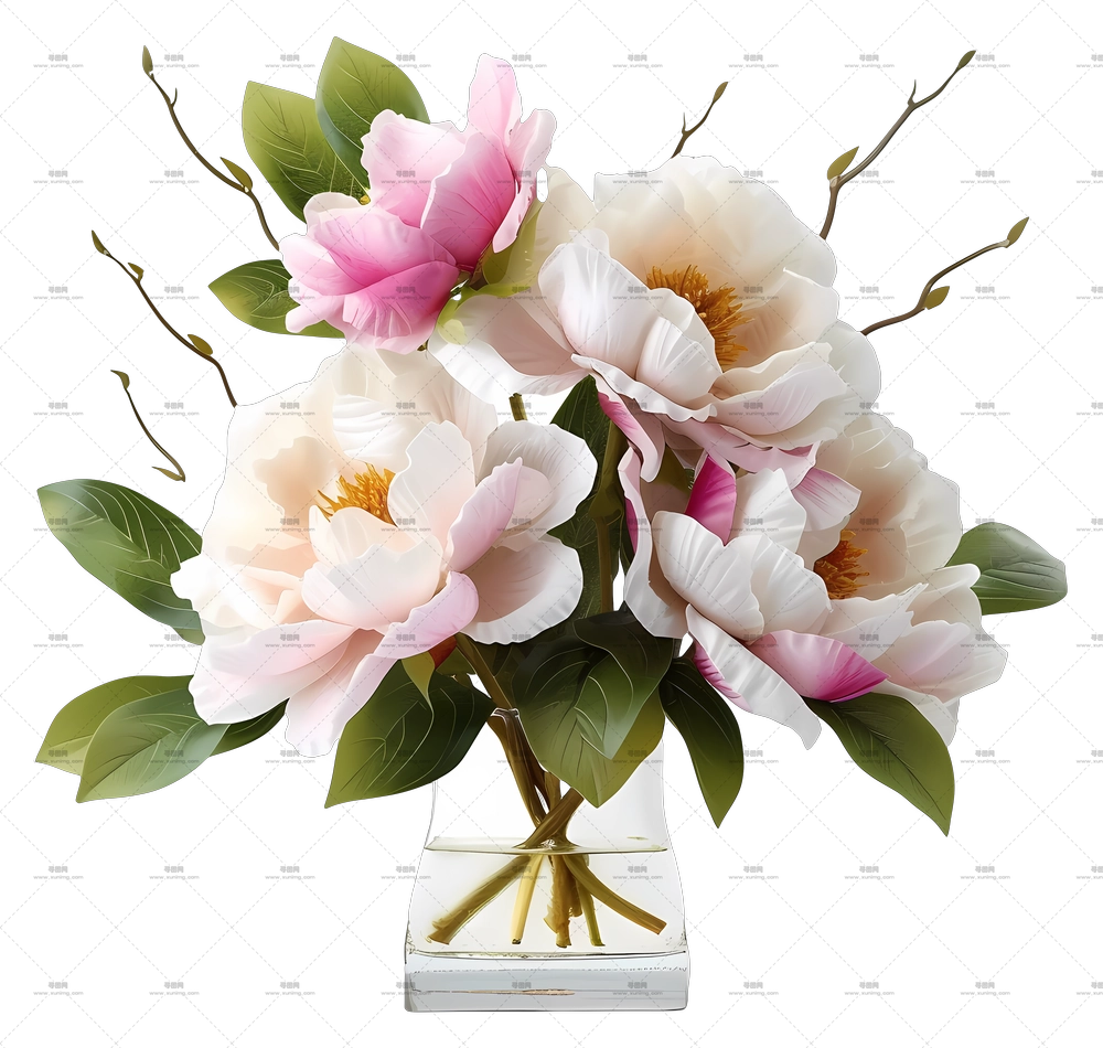 逼真优雅的花艺 – 美丽的花束在花瓶中PNG免抠图预览图