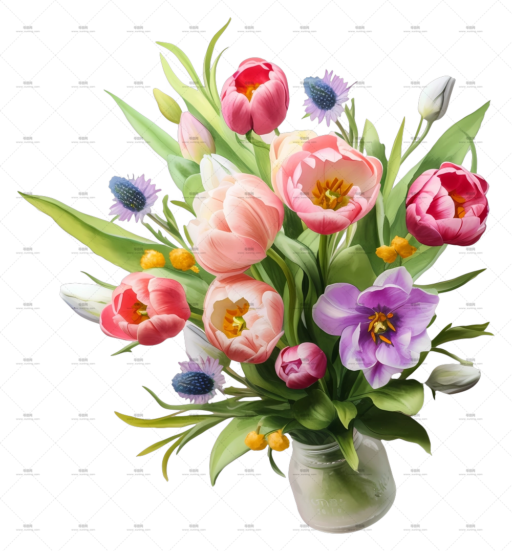 水彩优雅花艺 – 明亮的花束在花瓶中PNG免抠图预览图