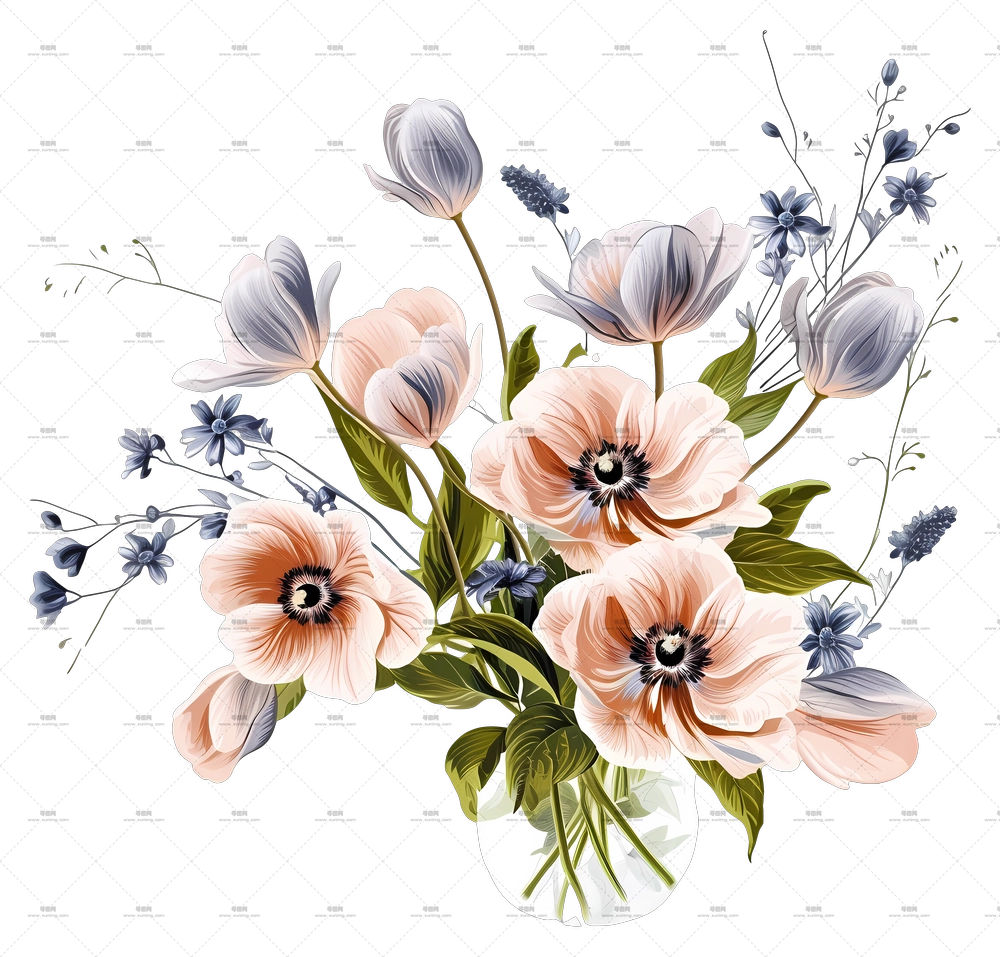 优雅花艺矢量设计 – 粉色和薰衣草花束的精致花艺PNG免抠图预览图