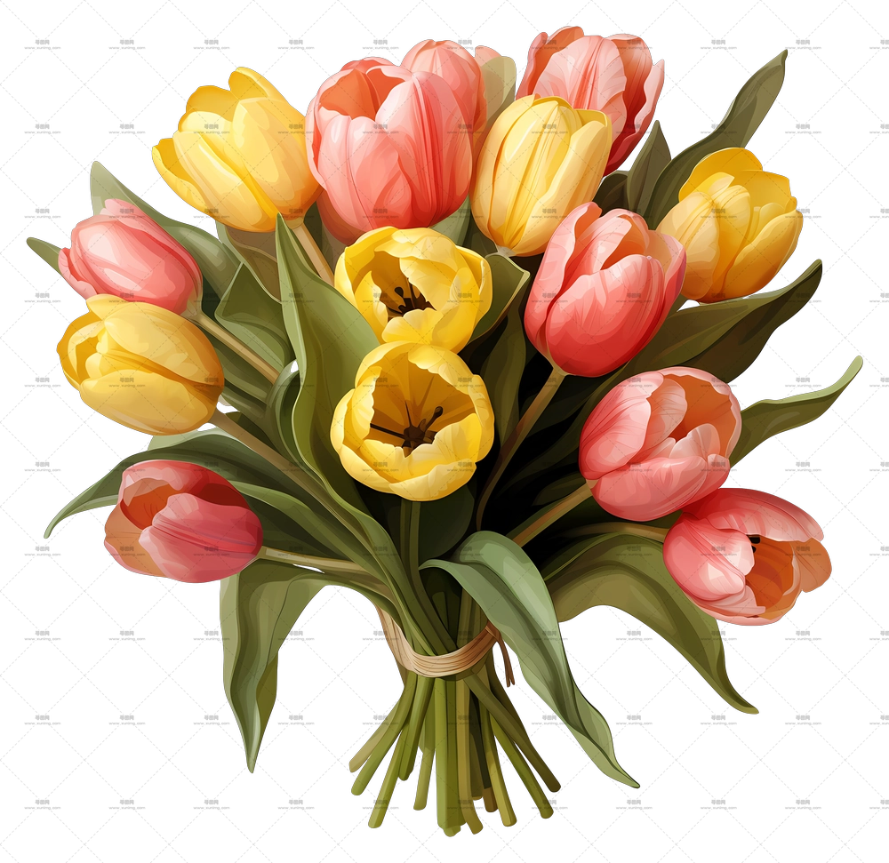 手绘郁金香花束 – 黄色和粉色郁金香花束的鲜艳花艺PNG免抠图预览图