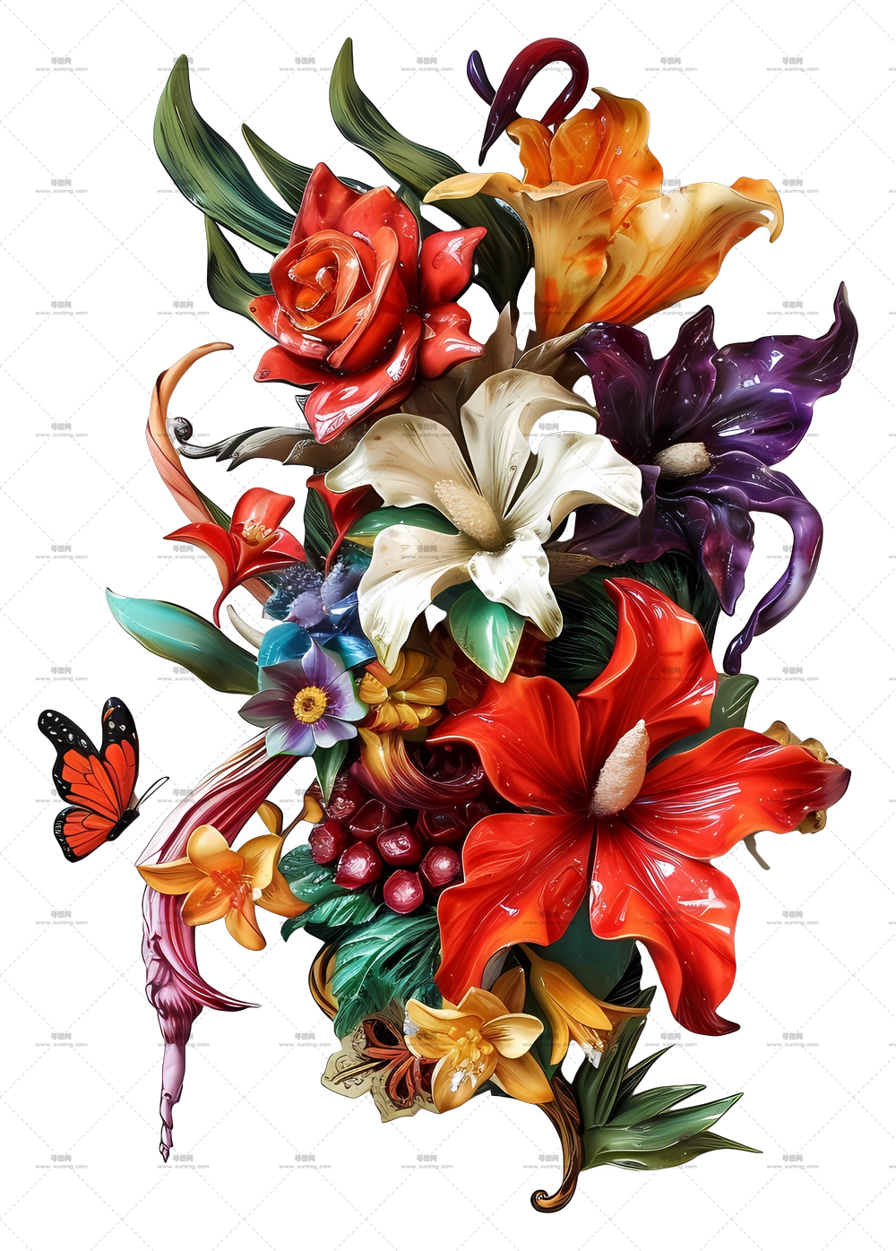 狂欢节花艺 – 色彩鲜艳的蝴蝶与花束PNG免抠图预览图