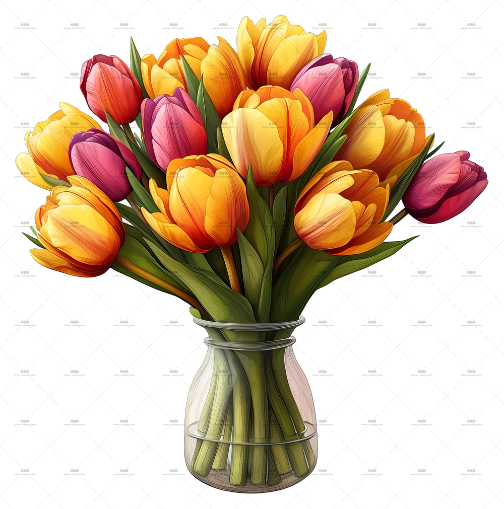 素描风格郁金香花束 – 玻璃花瓶多彩郁金香PNG免抠图预览图