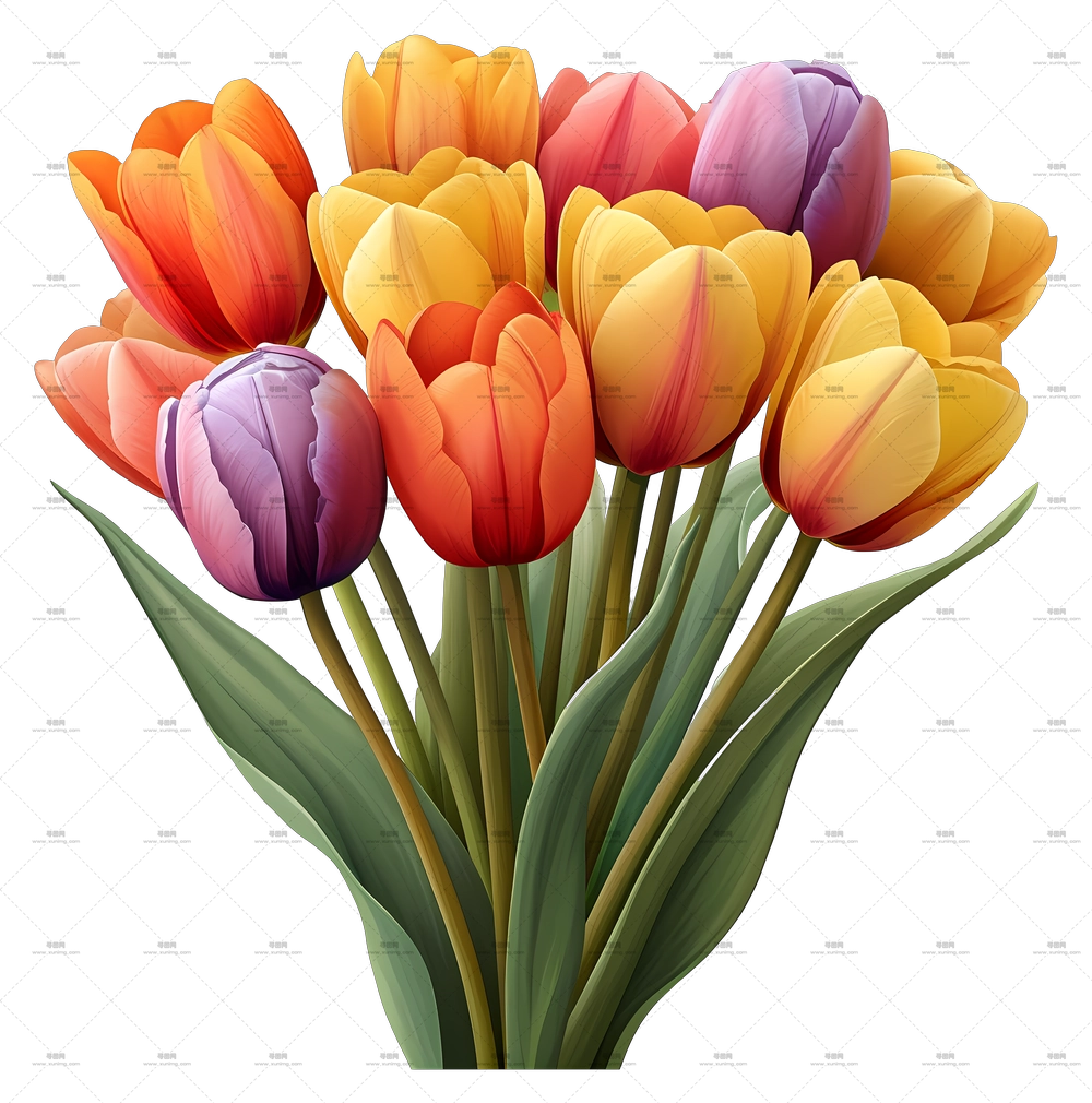 水彩郁金香花束 – 色彩鲜艳的郁金香花束PNG免抠图预览图