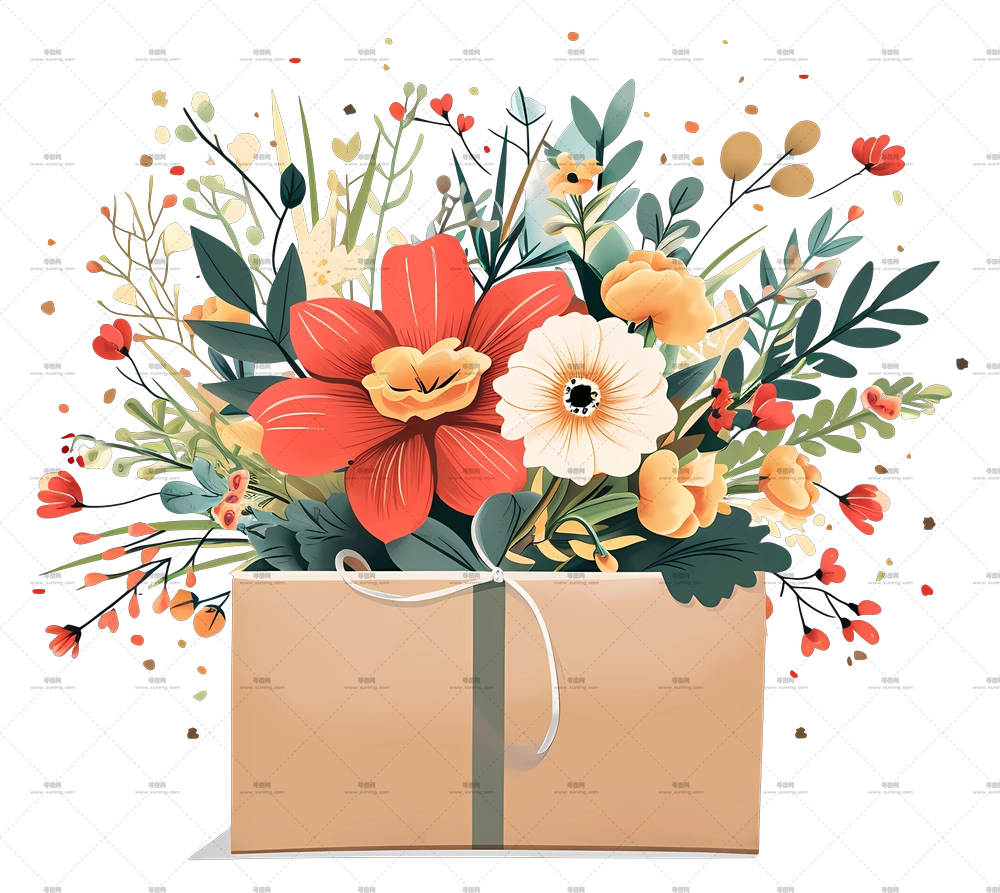 送花服务 – 带礼盒的美丽花束PNG免抠图预览图