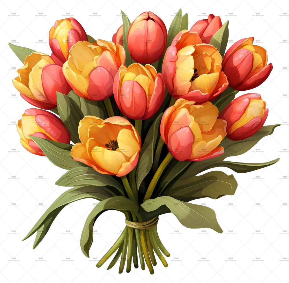 手绘郁金香花束 – 充满活力的郁金香花束与绿叶PNG免抠图预览图