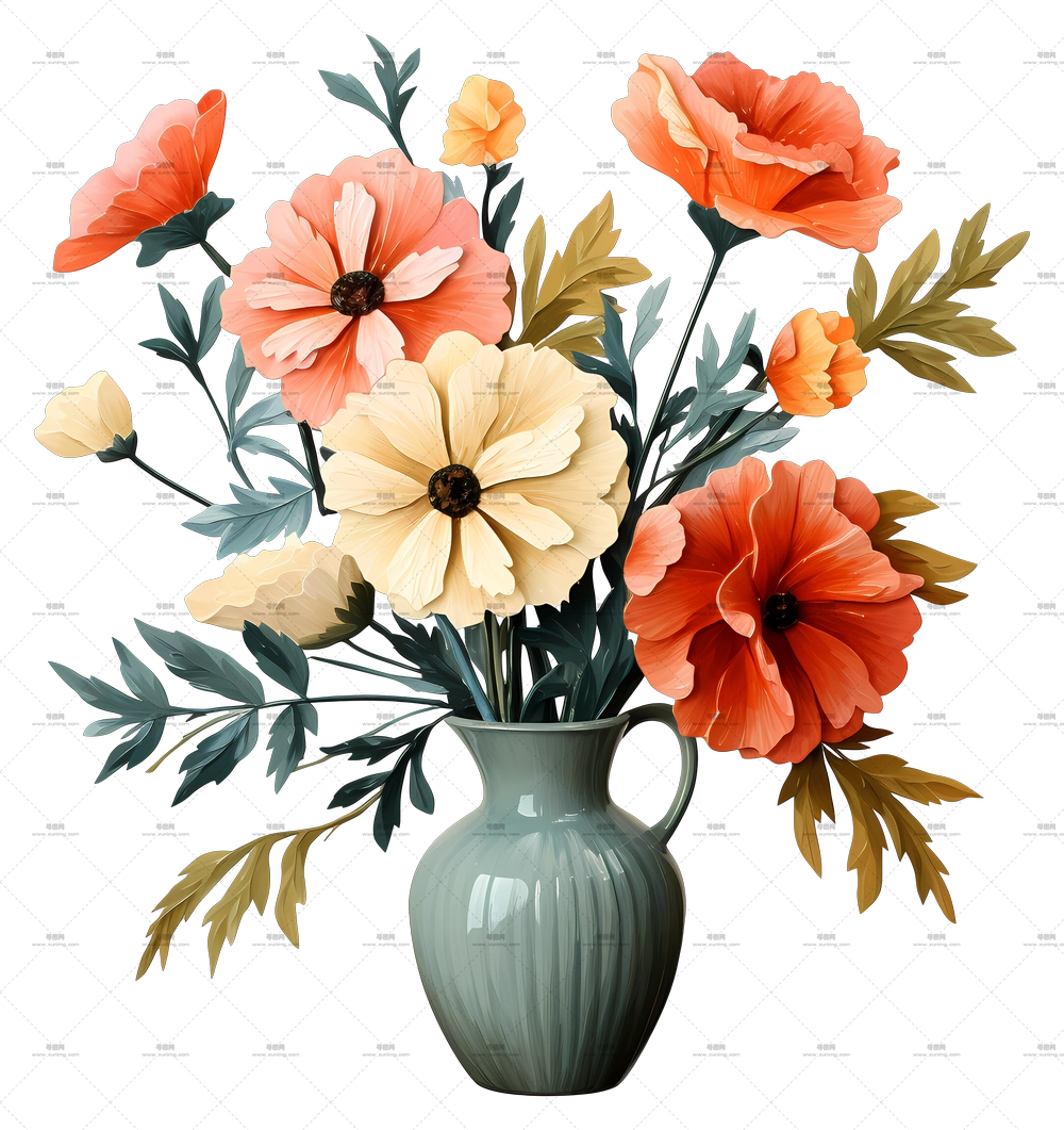 逼真风格花瓶中的花 – 色彩鲜艳的花束PNG免抠图预览图