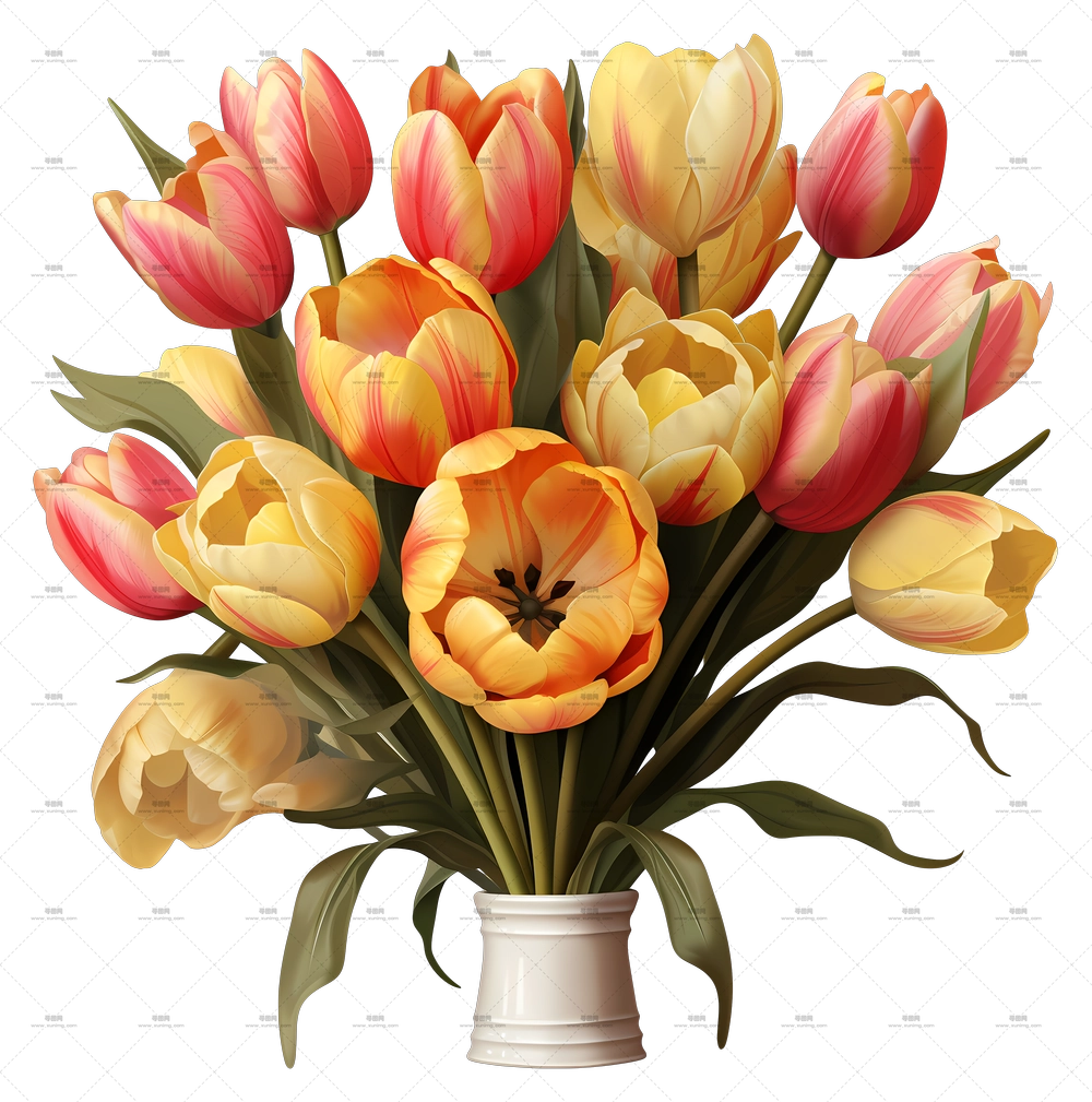 逼真风格郁金香花束 – 色彩缤纷的郁金香花束PNG免抠图预览图