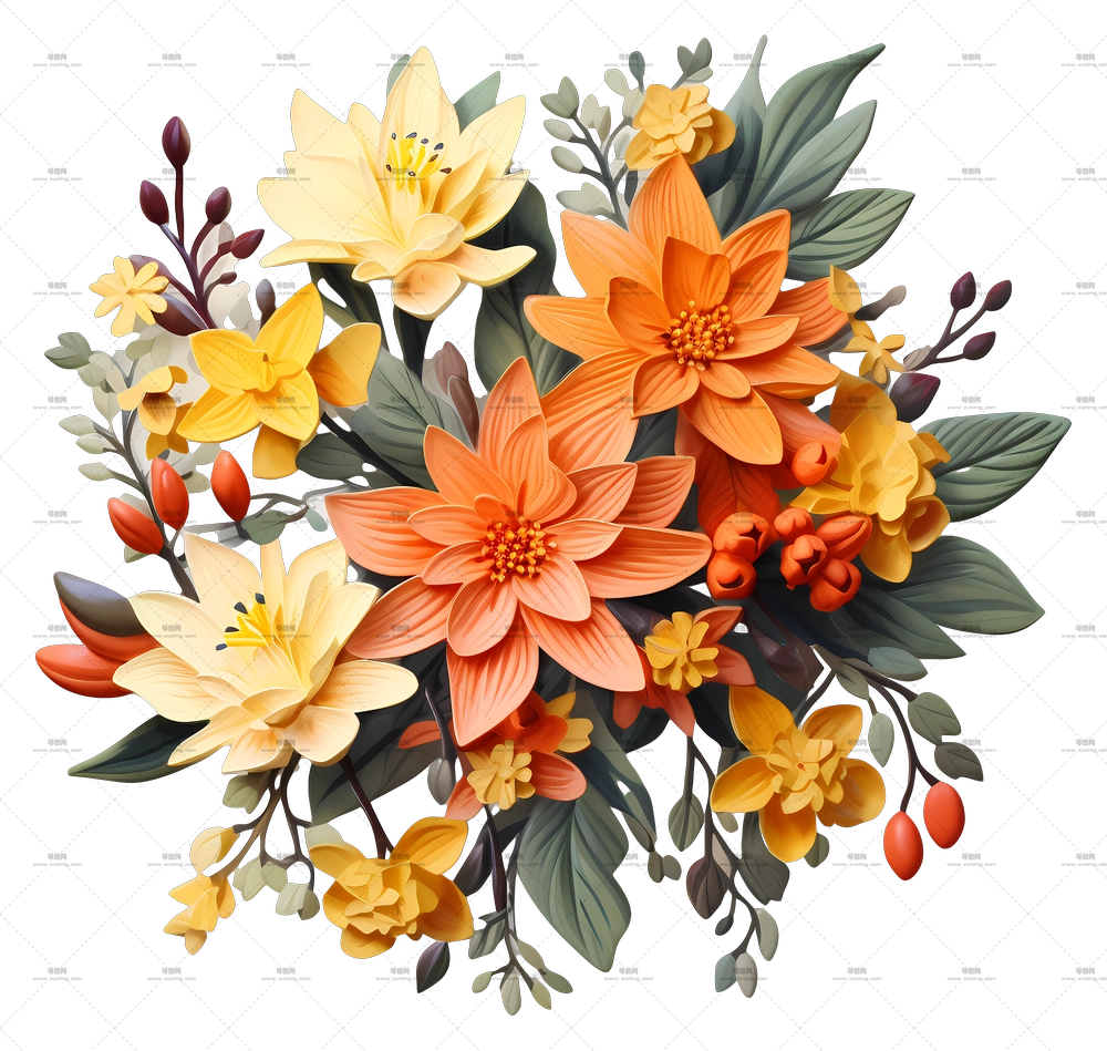 逼真的春季花束 – 橙黄花卉花束配绿叶PNG免抠图预览图