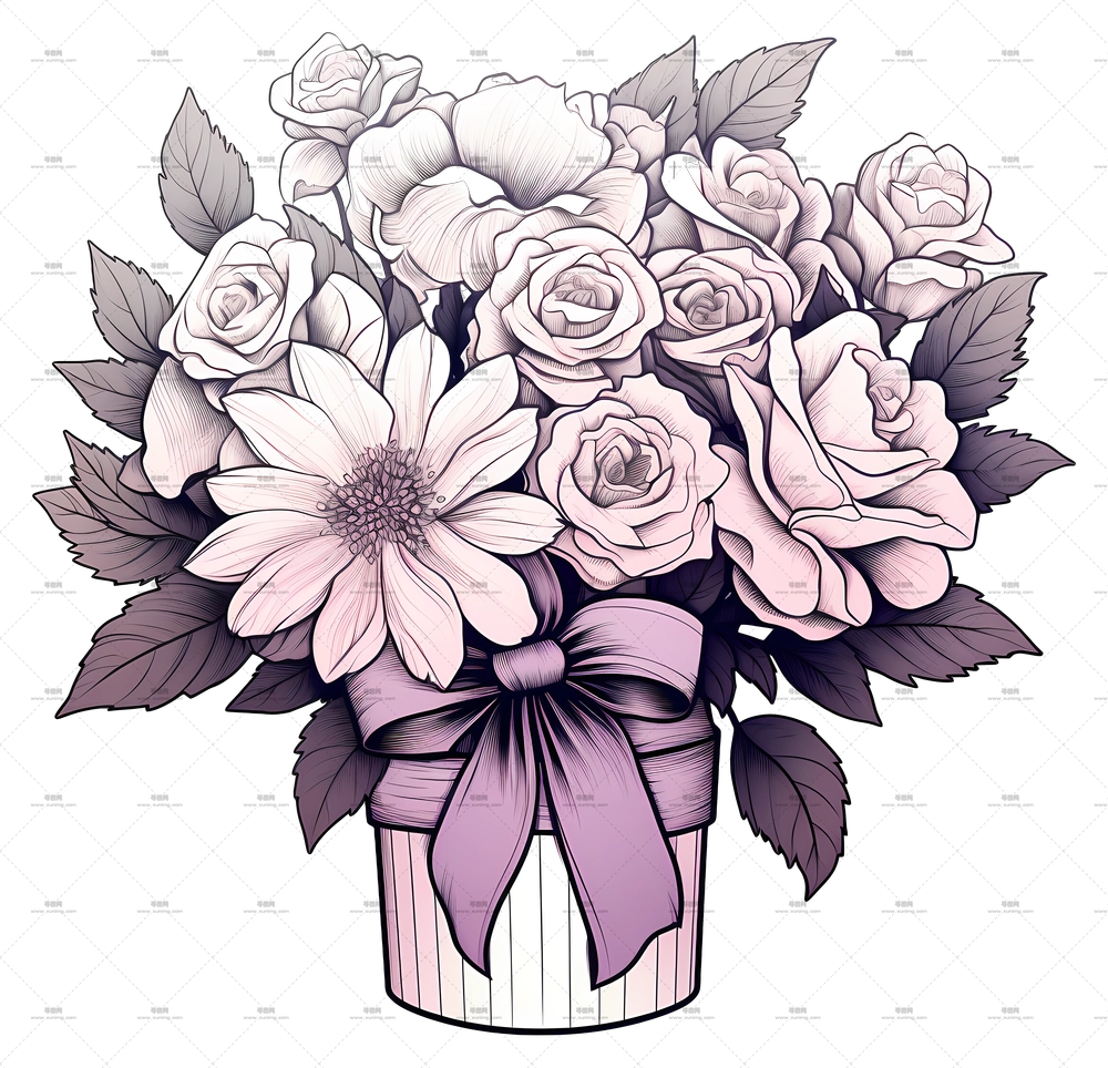 素描春季花束 – 美丽花束配丝带PNG免抠图预览图