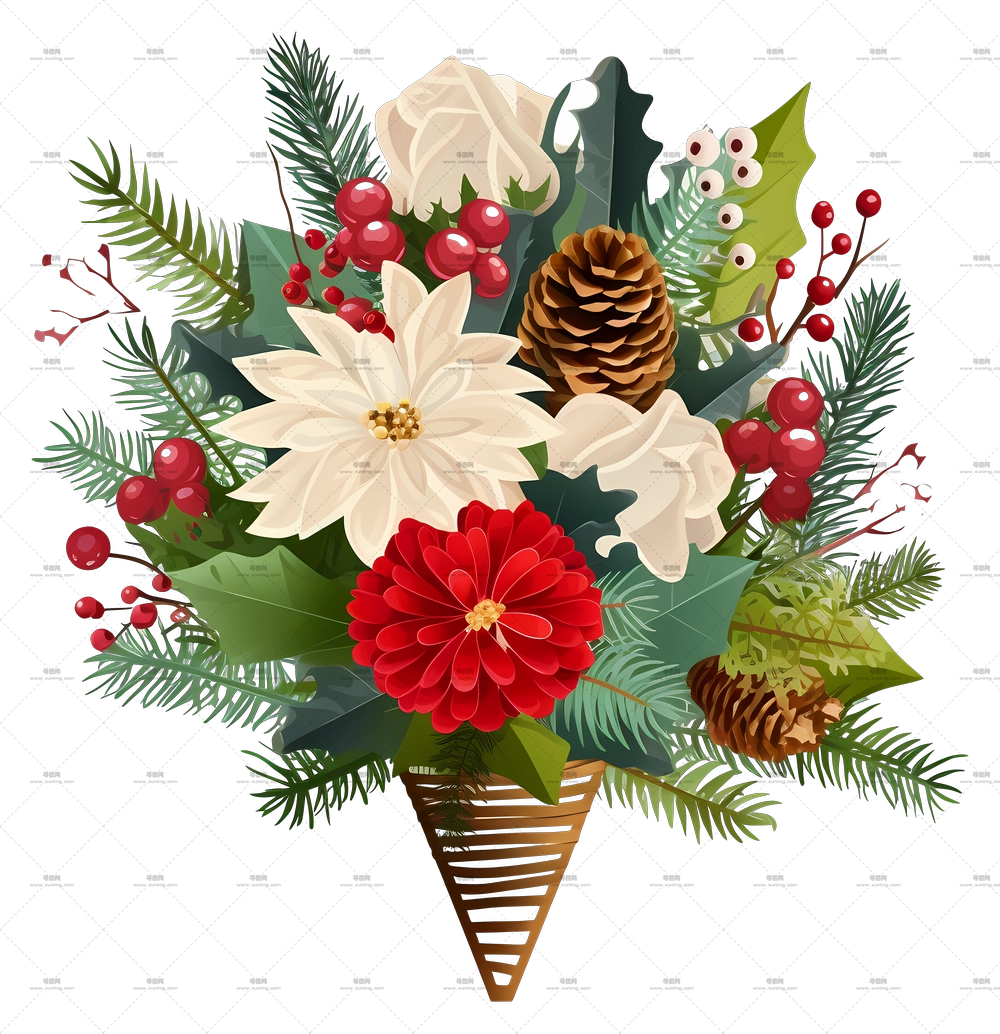 逼真的圣诞花束 – 圣诞节假日花卉花束PNG免抠图预览图