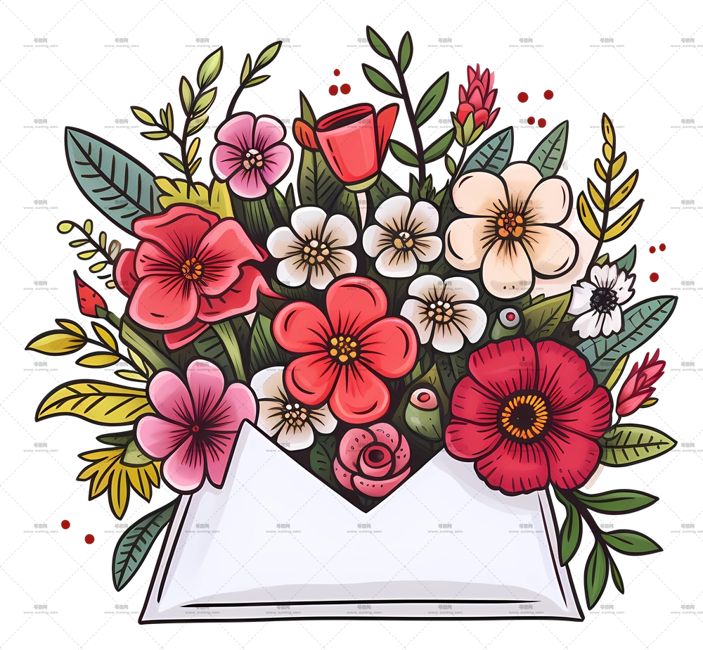 打开信封 – 信封中的彩色花束PNG免抠图预览图