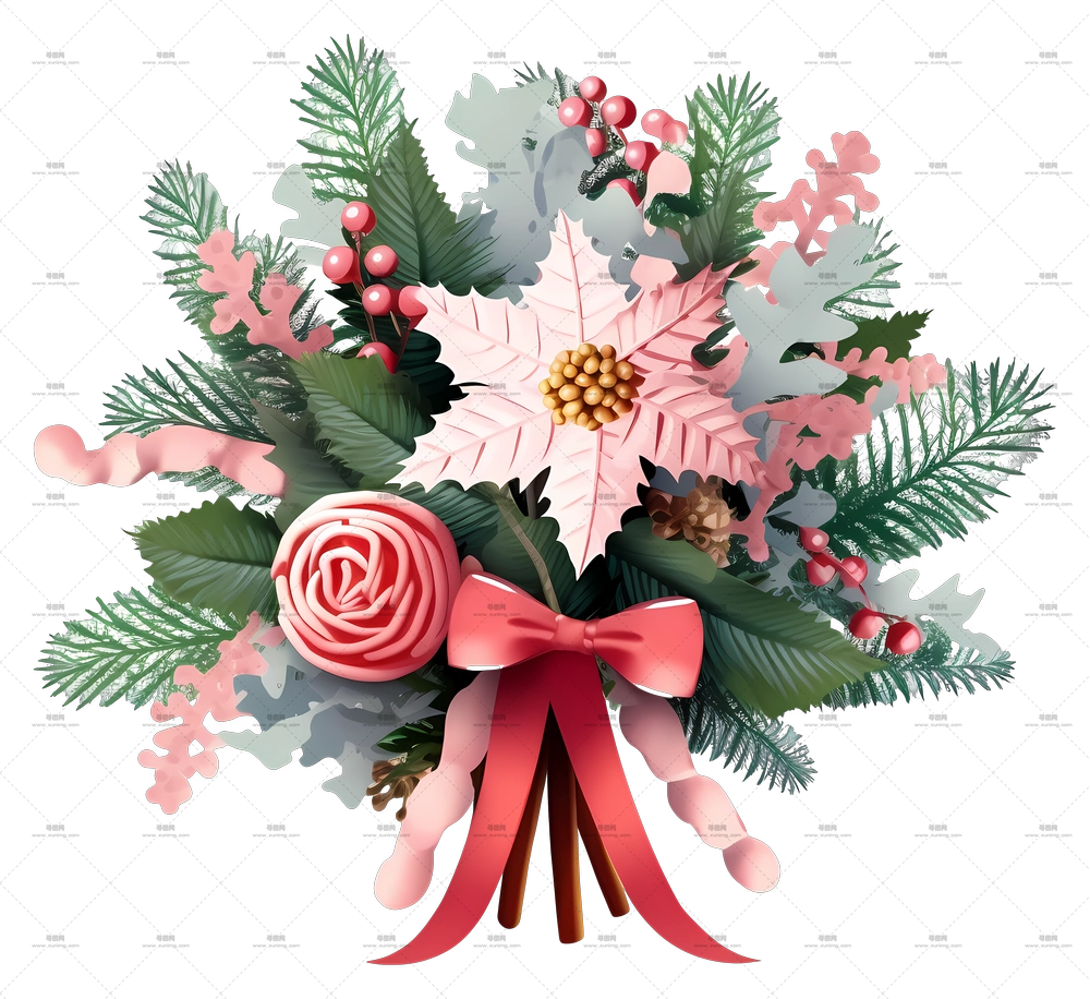 淡彩圣诞花束 – 带有一品红的喜庆圣诞花束PNG免抠图预览图