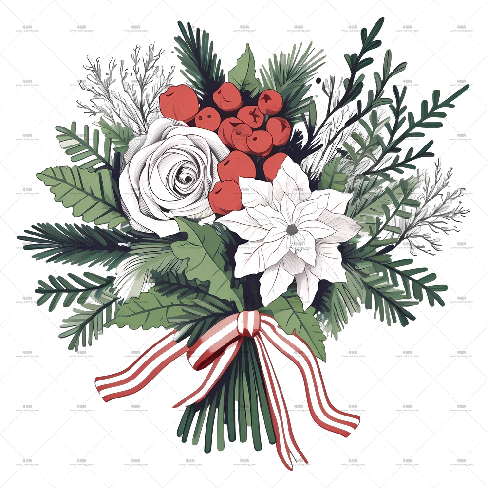 手绘圣诞花束 – 优雅的圣诞花束，带有一品红PNG免抠图预览图