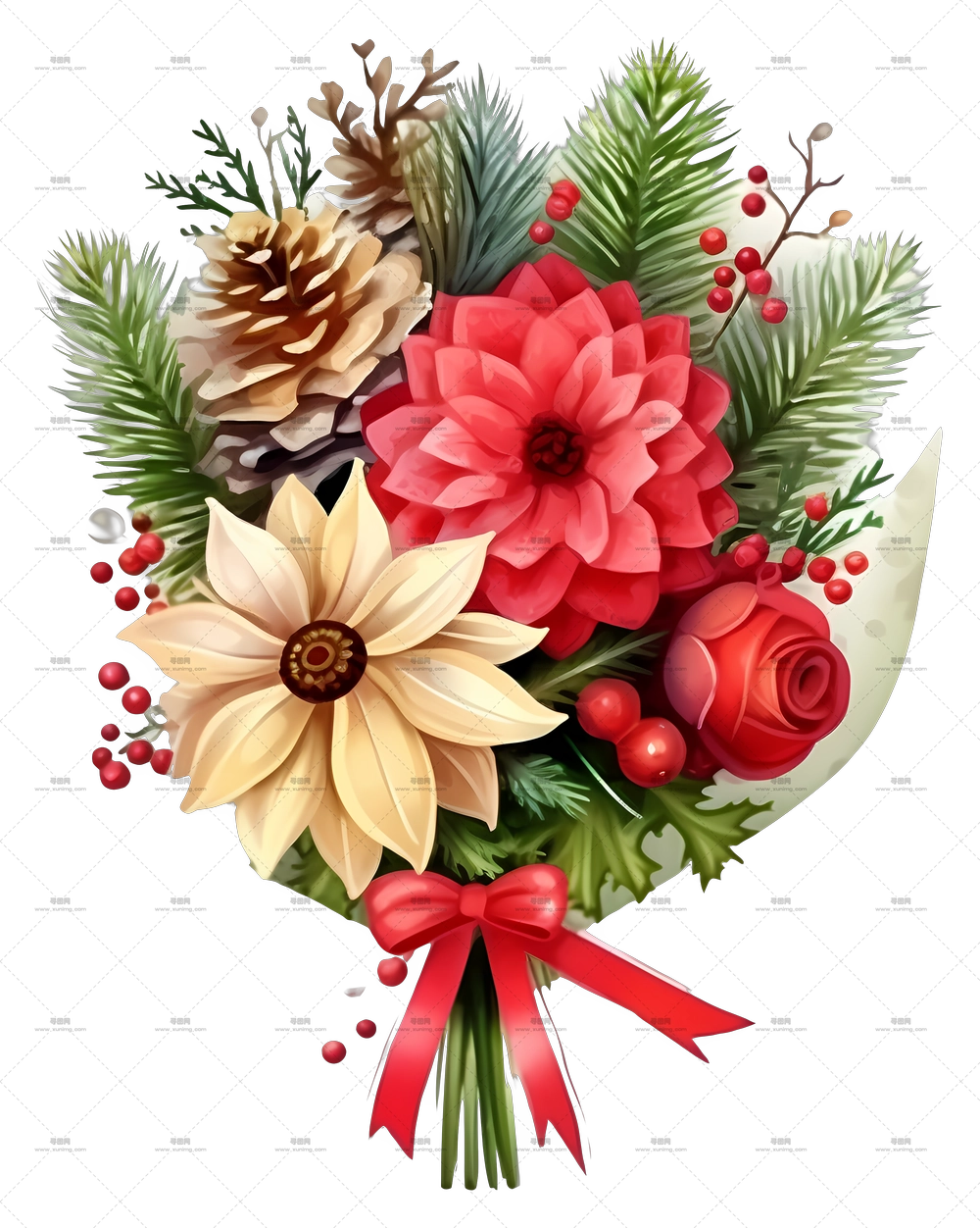 浪漫花朵 – 节日圣诞花束配丝带PNG免抠图预览图