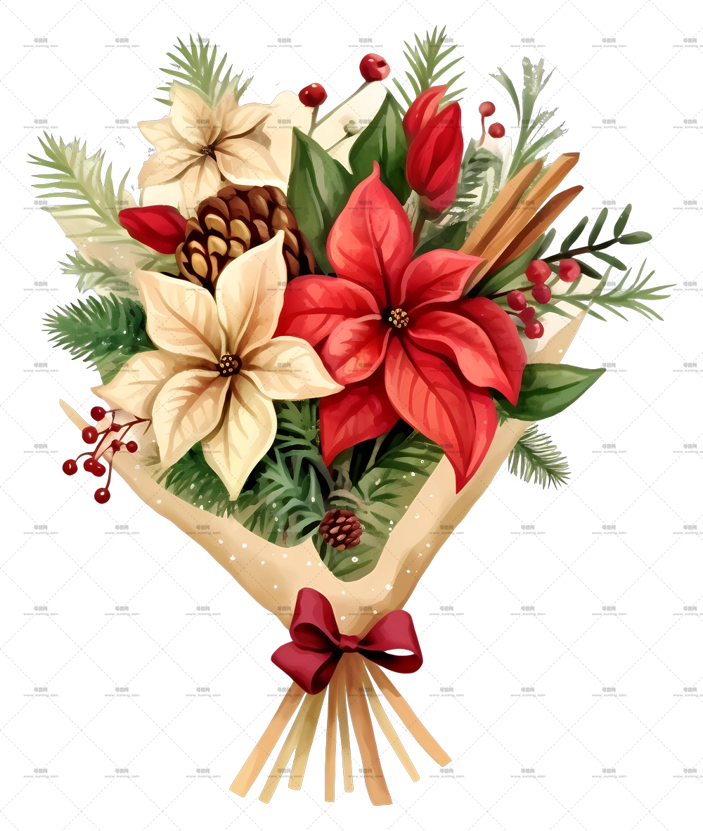 极简扁平矢量插画 – 带一品红的花束节日装饰PNG免抠图预览图