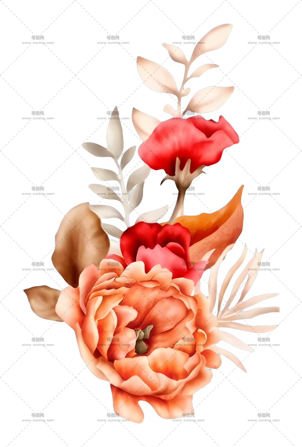 数字插画 – 带红橙花的透明水彩花束PNG免抠图预览图