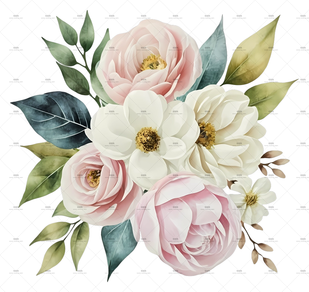 玫瑰 – 美丽的花束，包含玫瑰和叶子PNG免抠图预览图