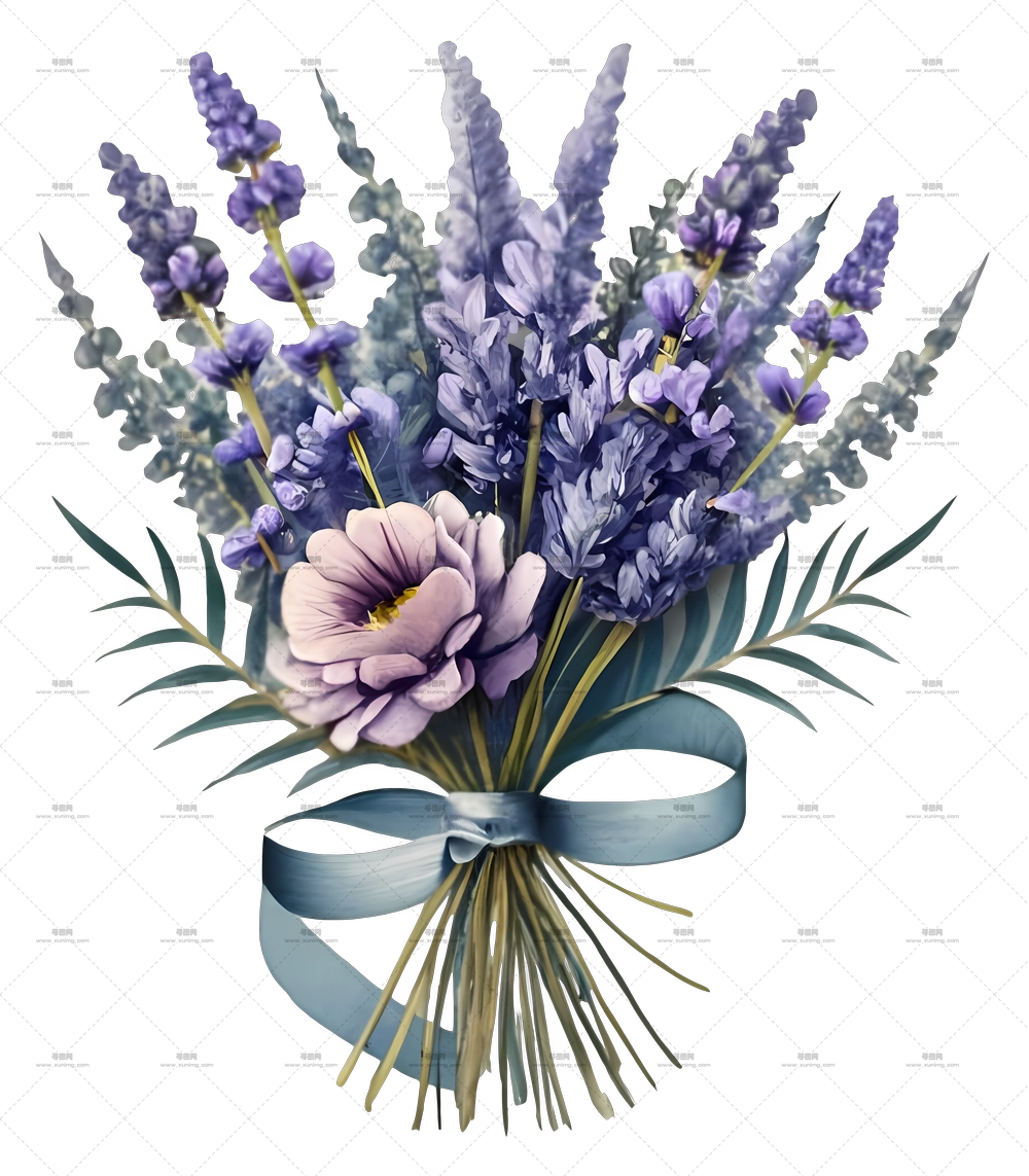 薰衣草花 – 带有薰衣草和丝带的美丽花束PNG免抠图预览图