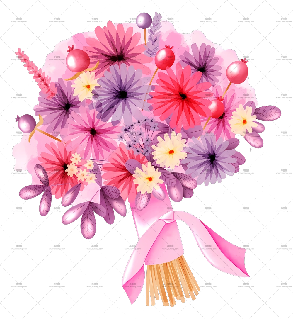 粉色花朵 – 带丝带的彩色花束PNG免抠图预览图