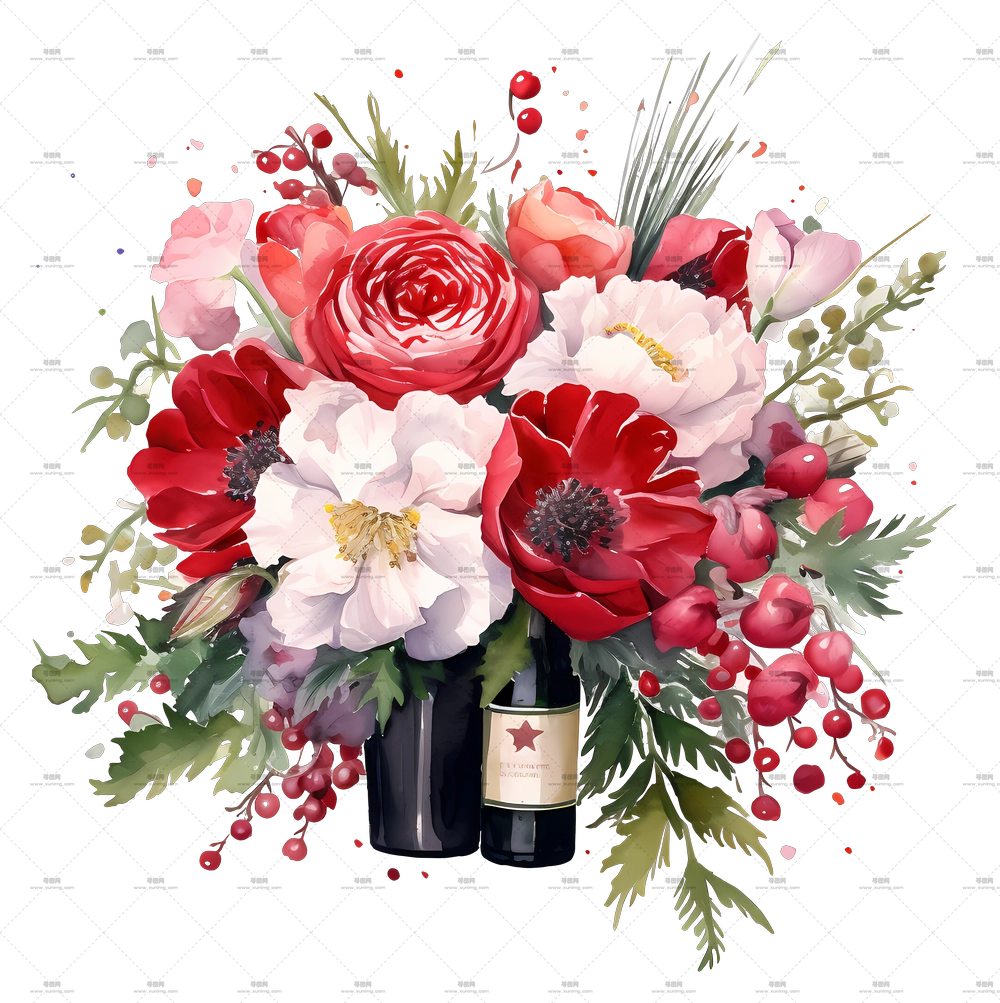 水彩画 – 红白相间的美丽花束PNG免抠图预览图