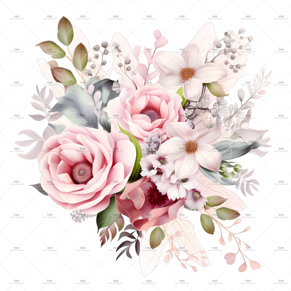 婚礼花 – 带有淡粉色玫瑰和白色花朵的优雅花束PNG免抠图预览图