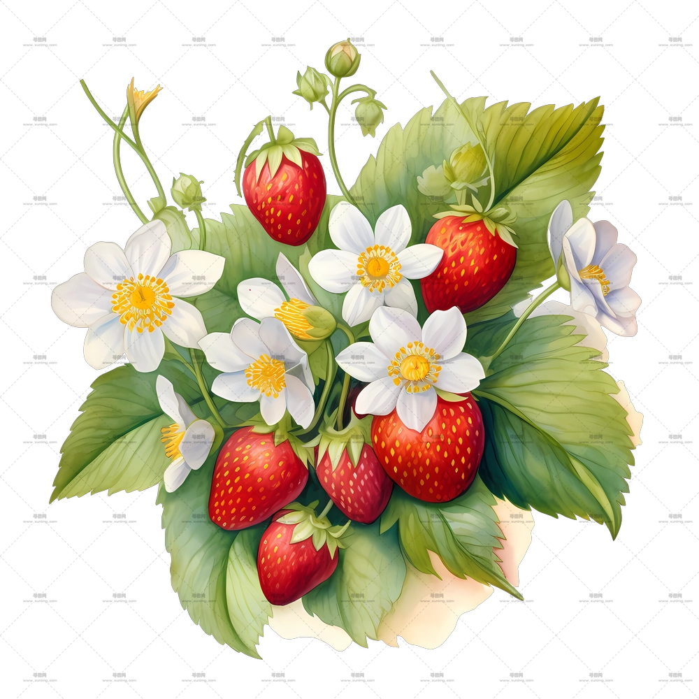 草莓 – 带有花朵和叶子的草莓花束PNG免抠图预览图