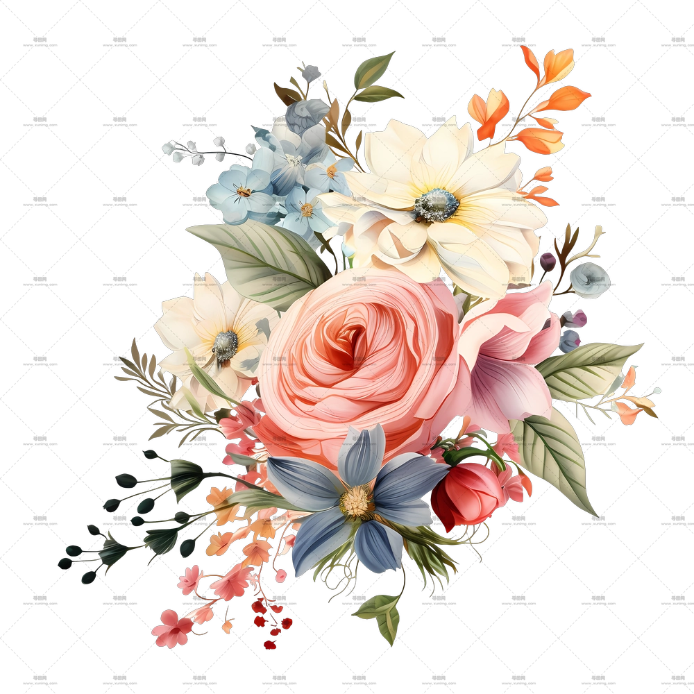 婚礼花艺邀请函设计 – 精致彩色花束插画PNG免抠图预览图