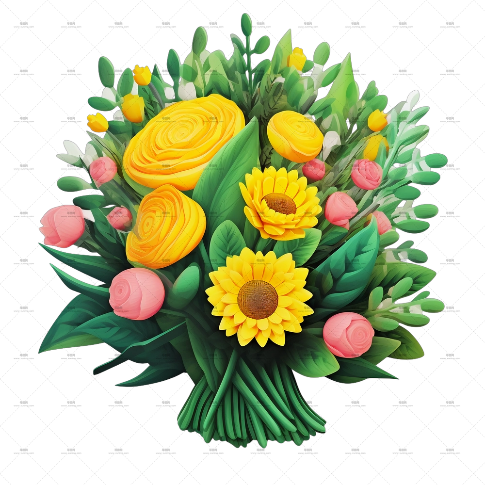 D 花朵 – 带有黄色花朵的明亮花卉花束PNG免抠图预览图