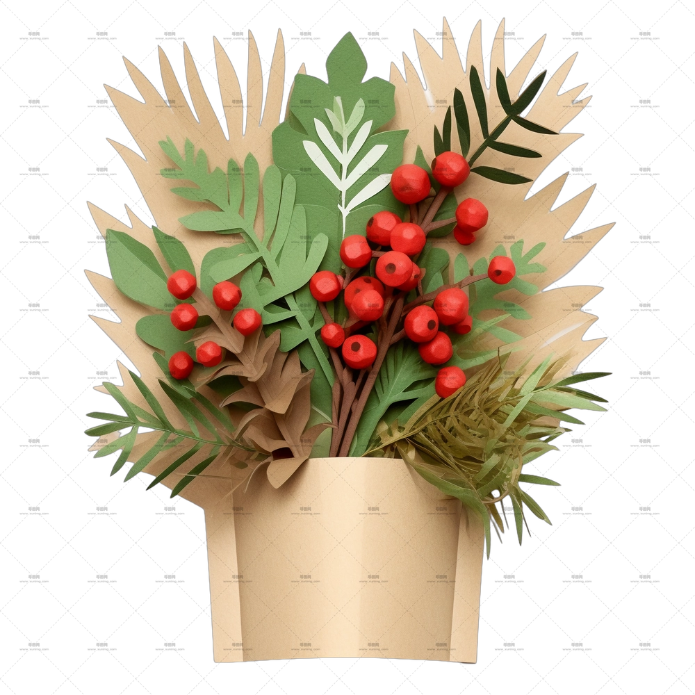 圣诞礼物 – 带红浆果的装饰性纸花束PNG免抠图预览图 圣诞礼物 – 带红浆果的装饰性纸花束PNG免抠图预览图