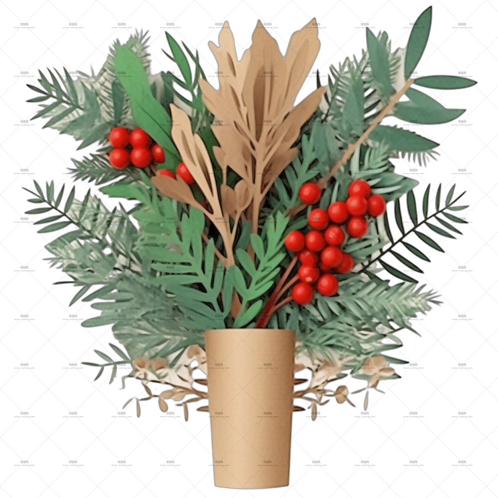 圣诞礼物 – 带红果子和叶子的节日花束，适合节日装饰PNG免抠图预览图