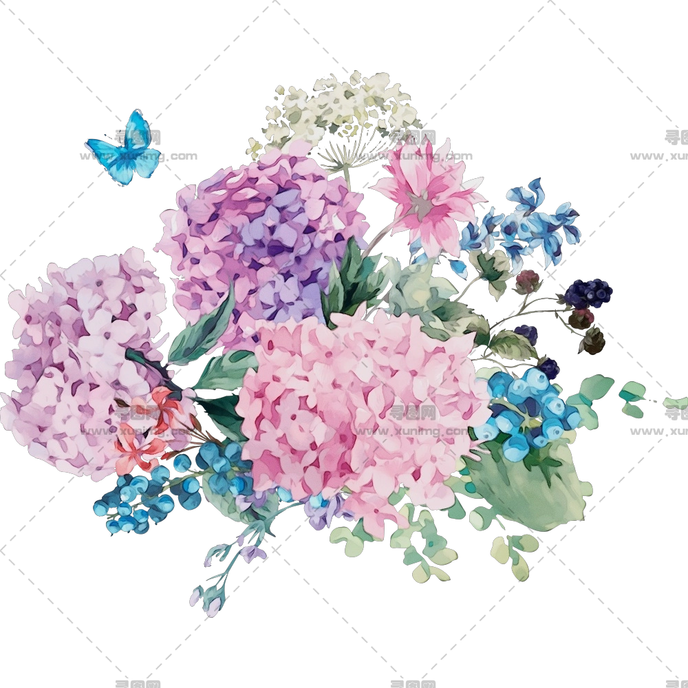 带有蝴蝶的植物水彩花束PNG免抠图预览图