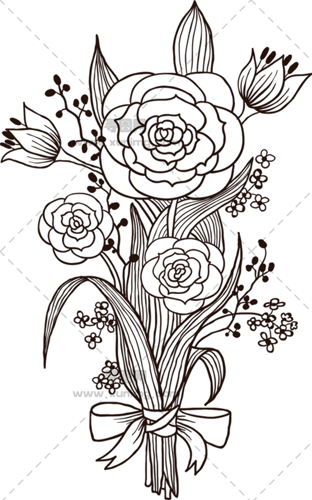 黑白花束绘画PNG免抠图预览图