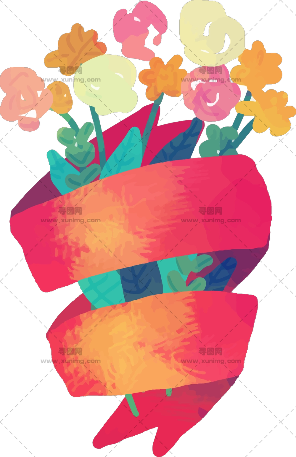 色彩缤纷的花束配丝带PNG免抠图预览图