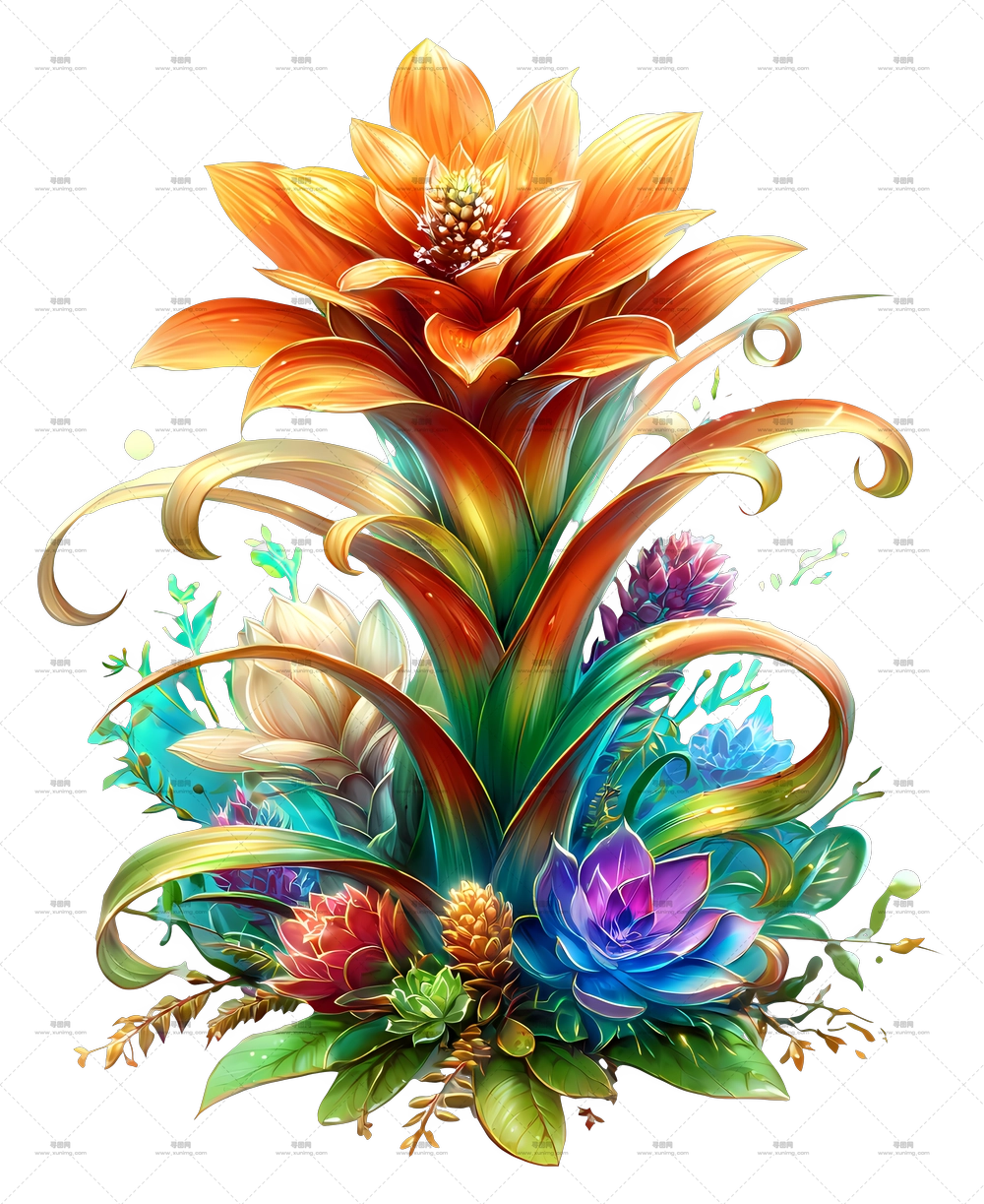 璀璨花卉艺术 – 生机盎然的幻想花卉插画PNG免抠图预览图