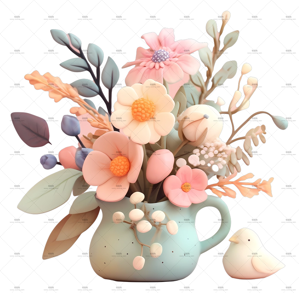 淡彩 D 花卉艺术 – 淡彩花卉束插画PNG免抠图预览图