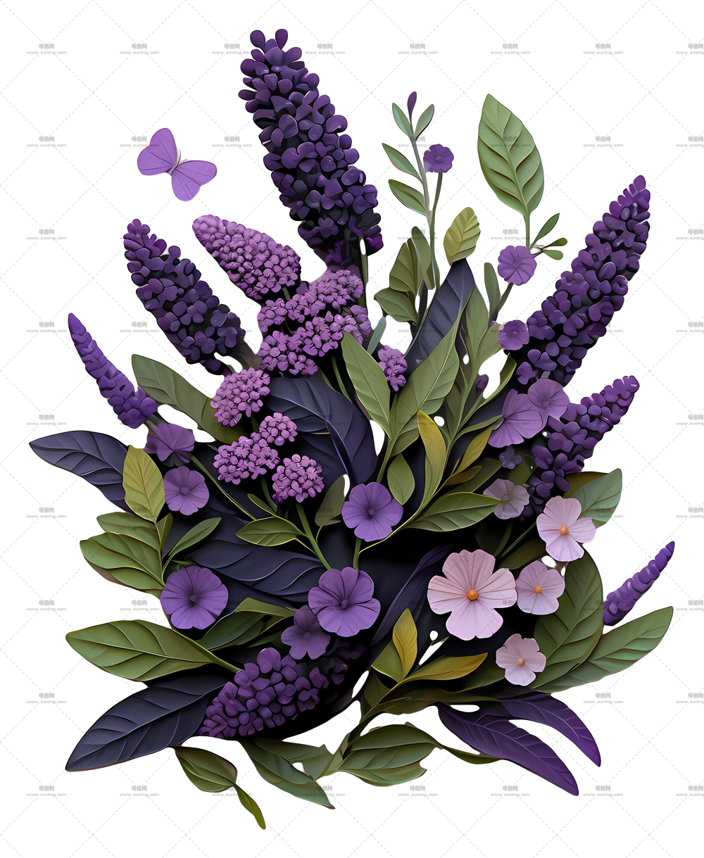 薰衣草艺术 – 带蝴蝶的紫色花束PNG免抠图预览图